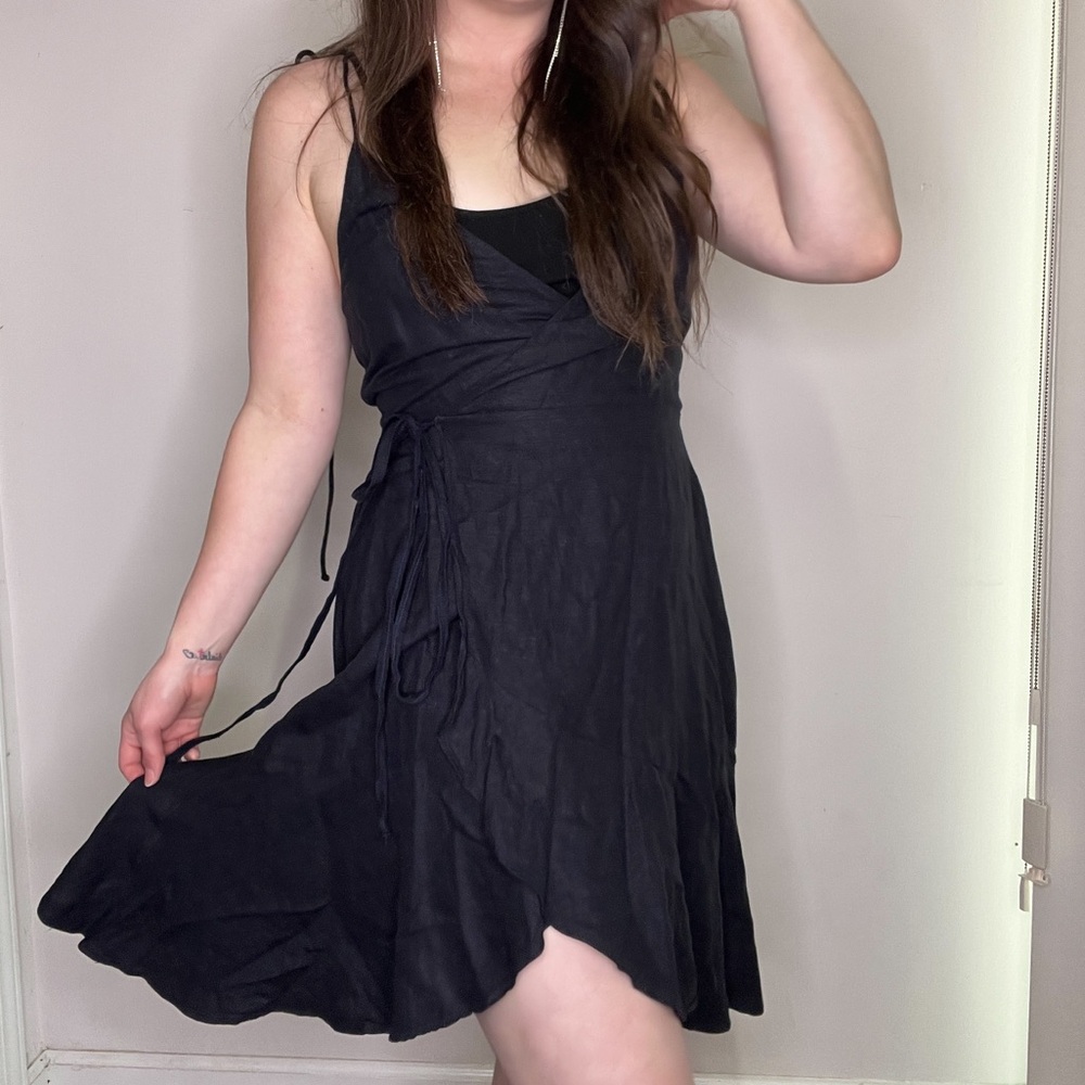 Backstage Australia Black Wrap Dress Linen Blend Size Small Sleeveless V-Neck